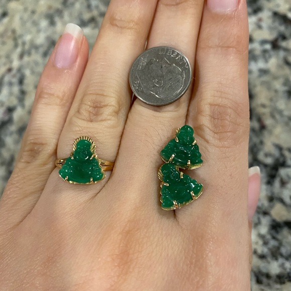 18k gold jade Buddha ring and earring set - Picture 2 of 10